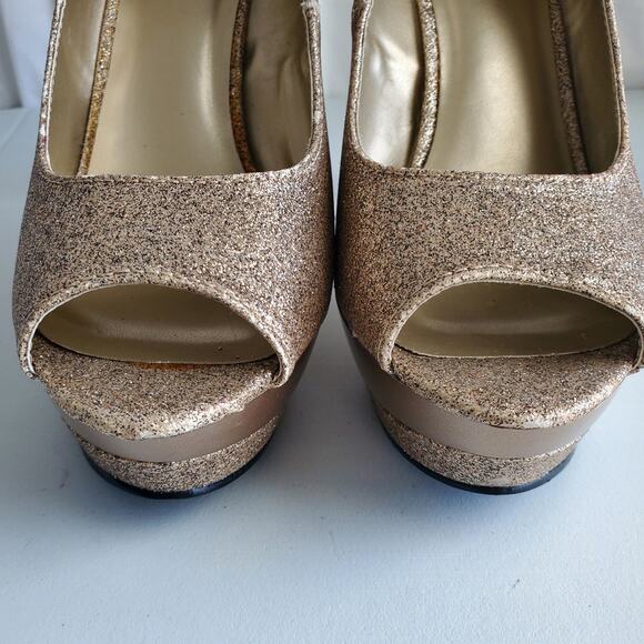 Women Glitter Platform Peeptoe Shoe 11 Gold Champagne NYE Cocktail Dance Club - Picture 3 of 15